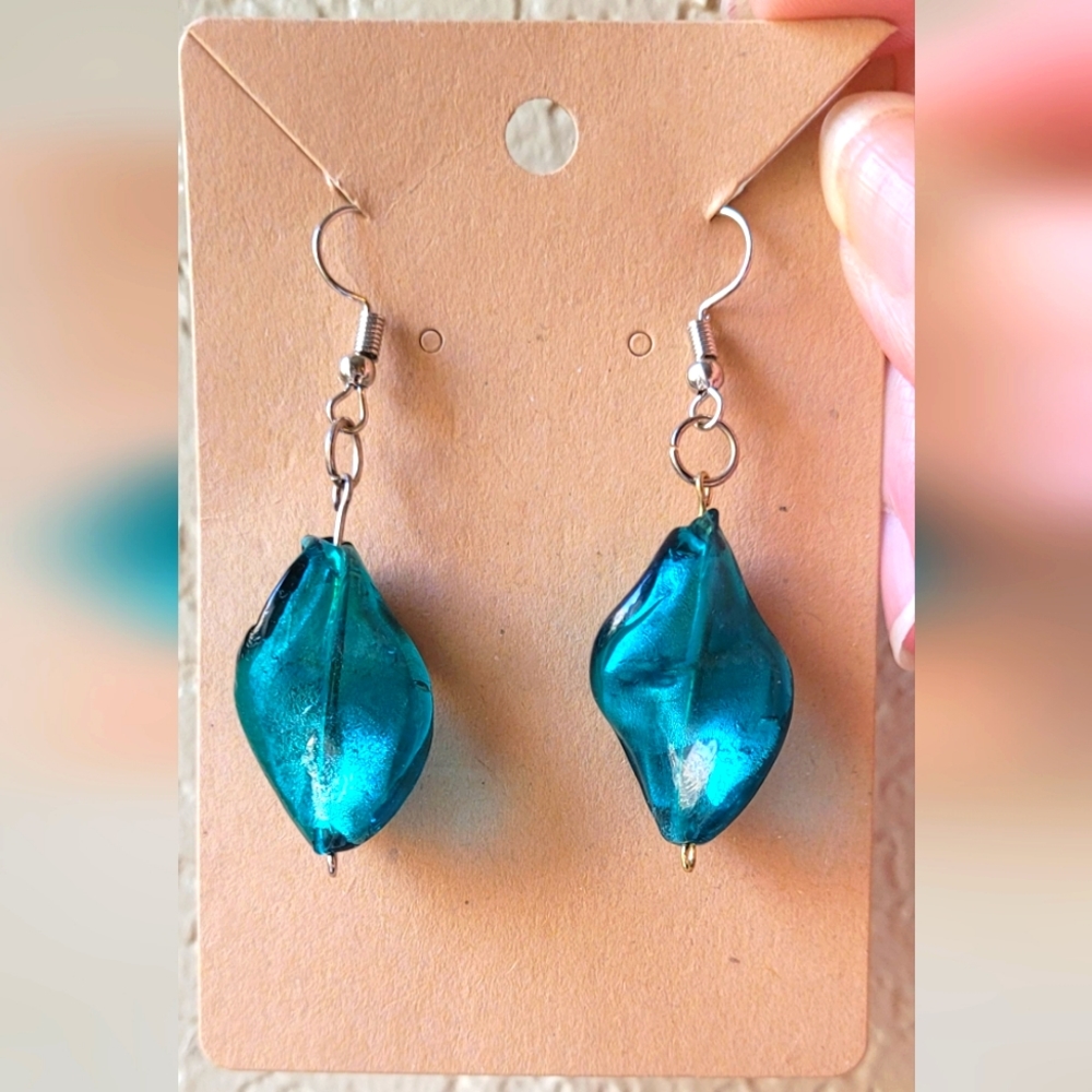 Dark teal handcrafted glass dangle earrings
